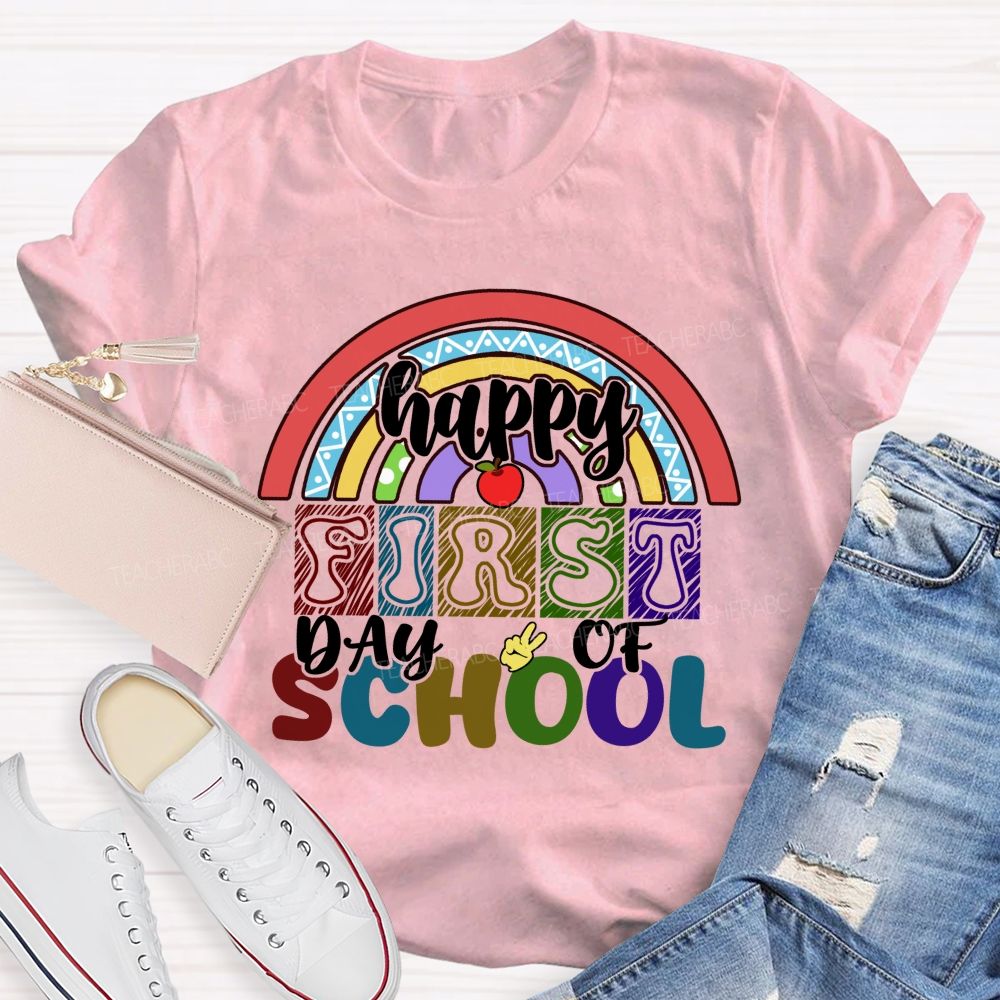 Happy First Day Of School Rainbow Apple Teacher T-Shirt