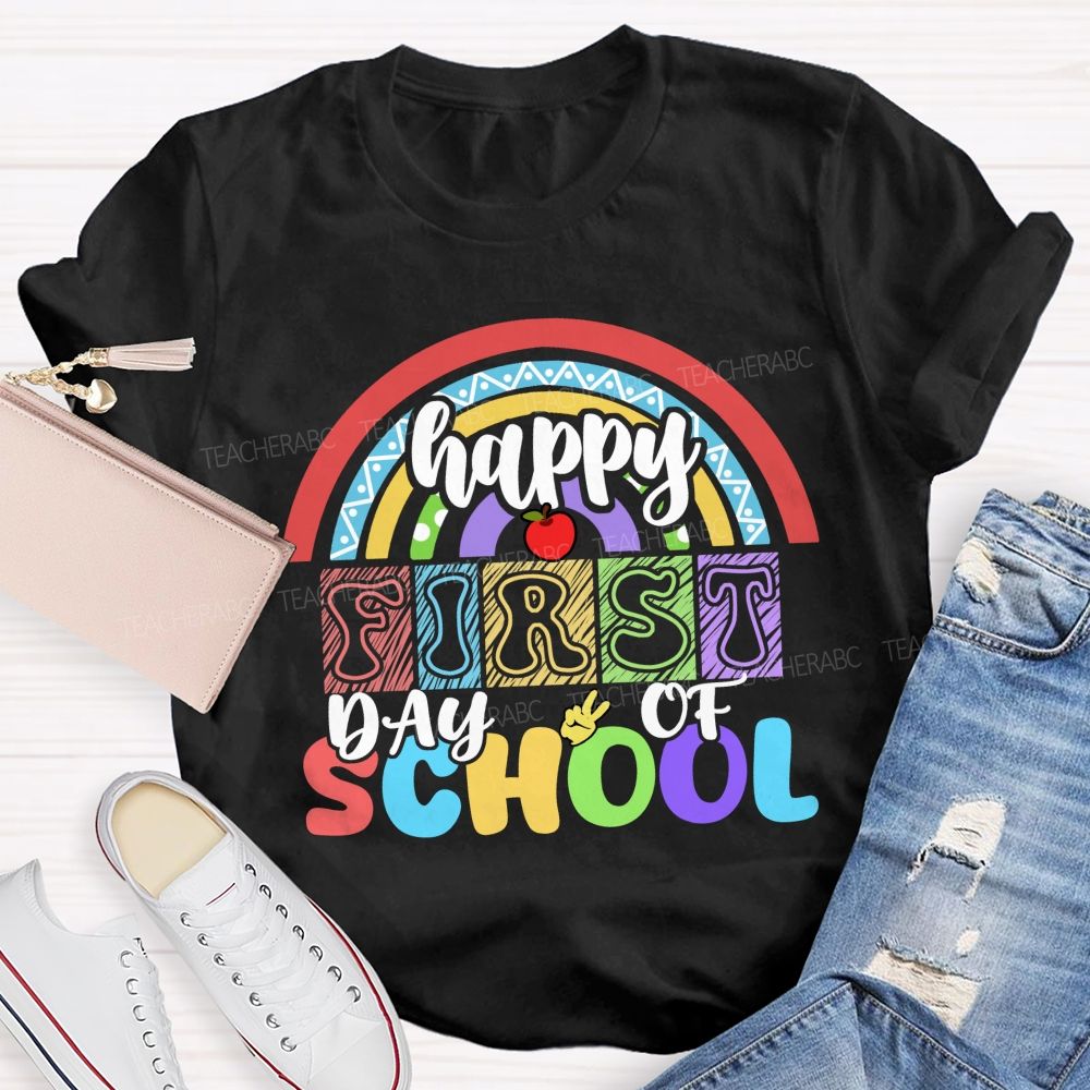 Happy First Day Of School Rainbow Apple Teacher T-Shirt