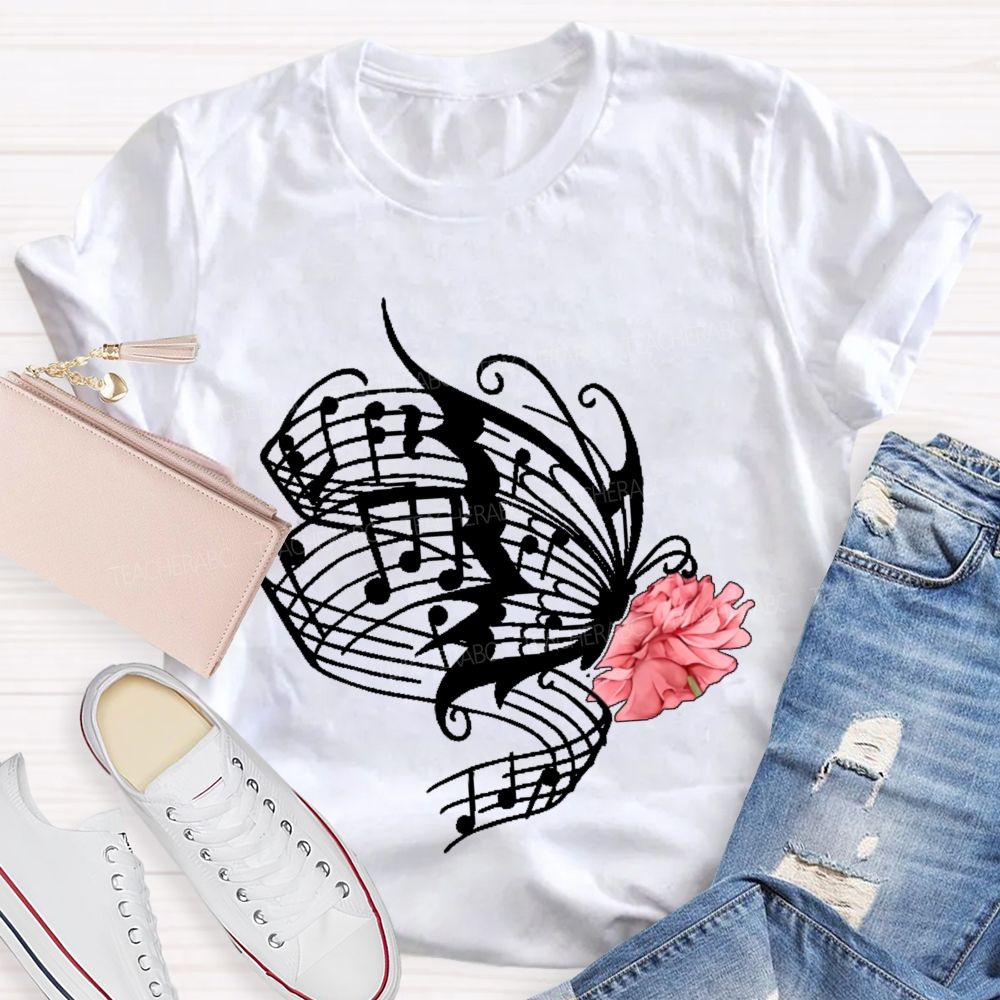 Musical Notes Flowers Butterflies Graphics Teacher T-shirt