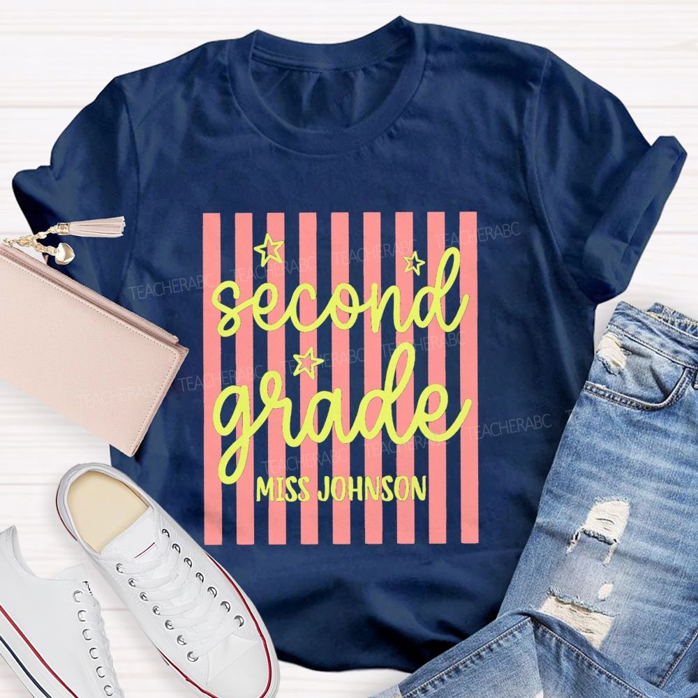 Personalized Grade And Name Little Colorful Strip Teacher T-Shirt