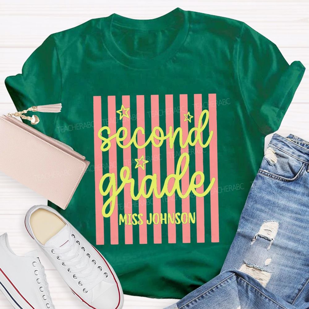 Personalized Grade And Name Little Colorful Strip Teacher T-Shirt