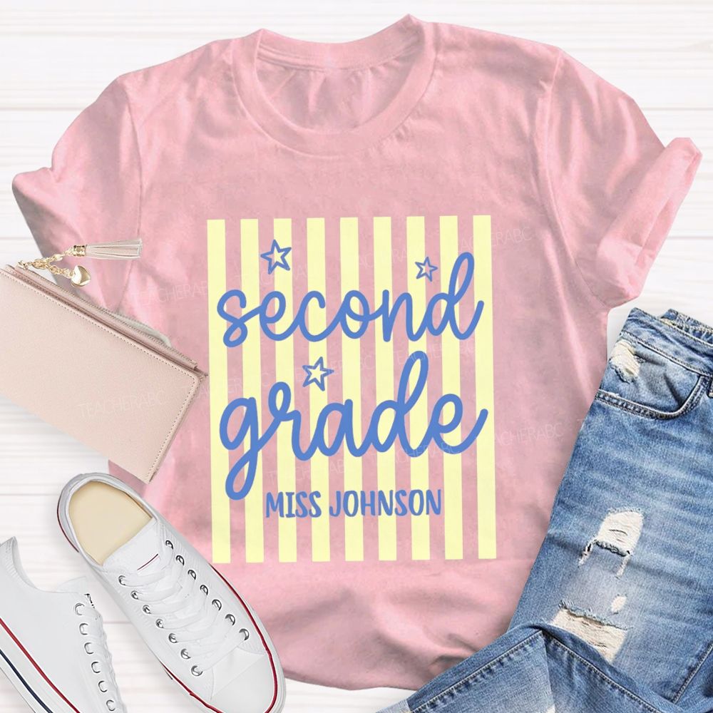 Personalized Grade And Name Little Colorful Strip Teacher T-Shirt