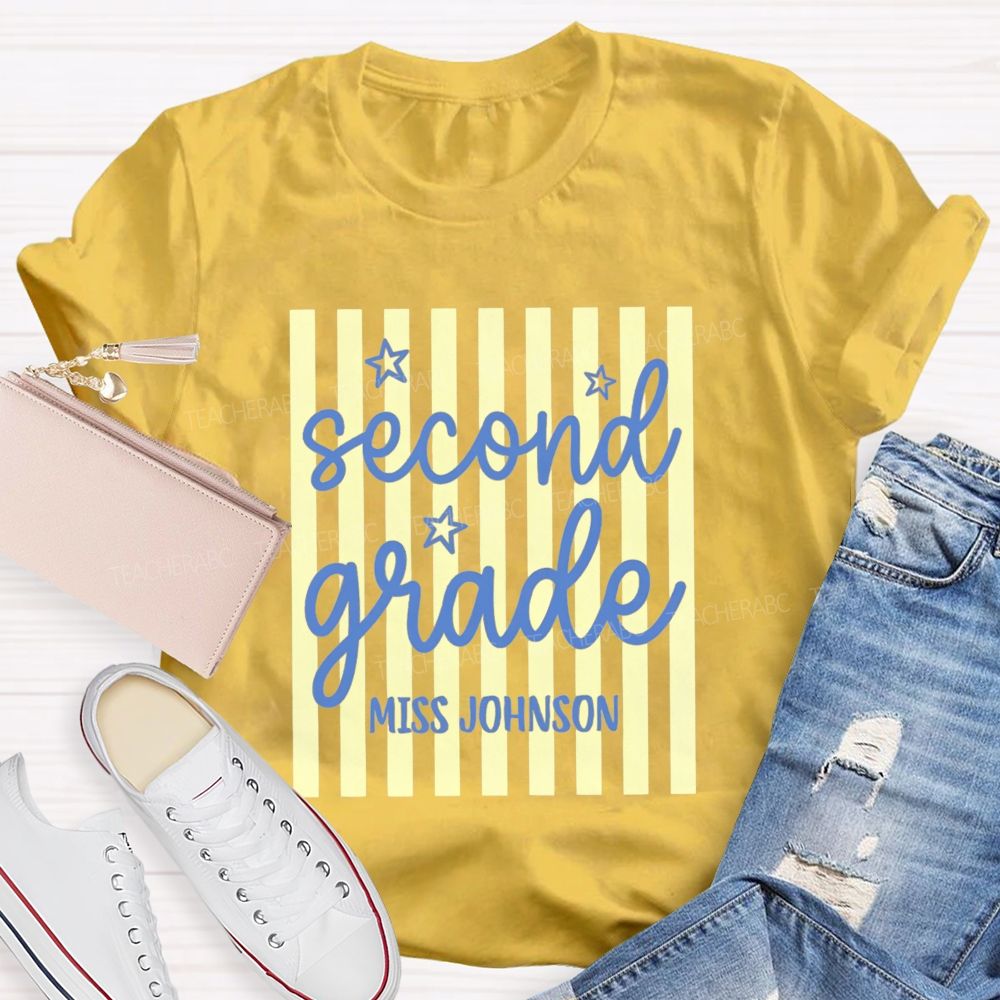 Personalized Grade And Name Little Colorful Strip Teacher T-Shirt