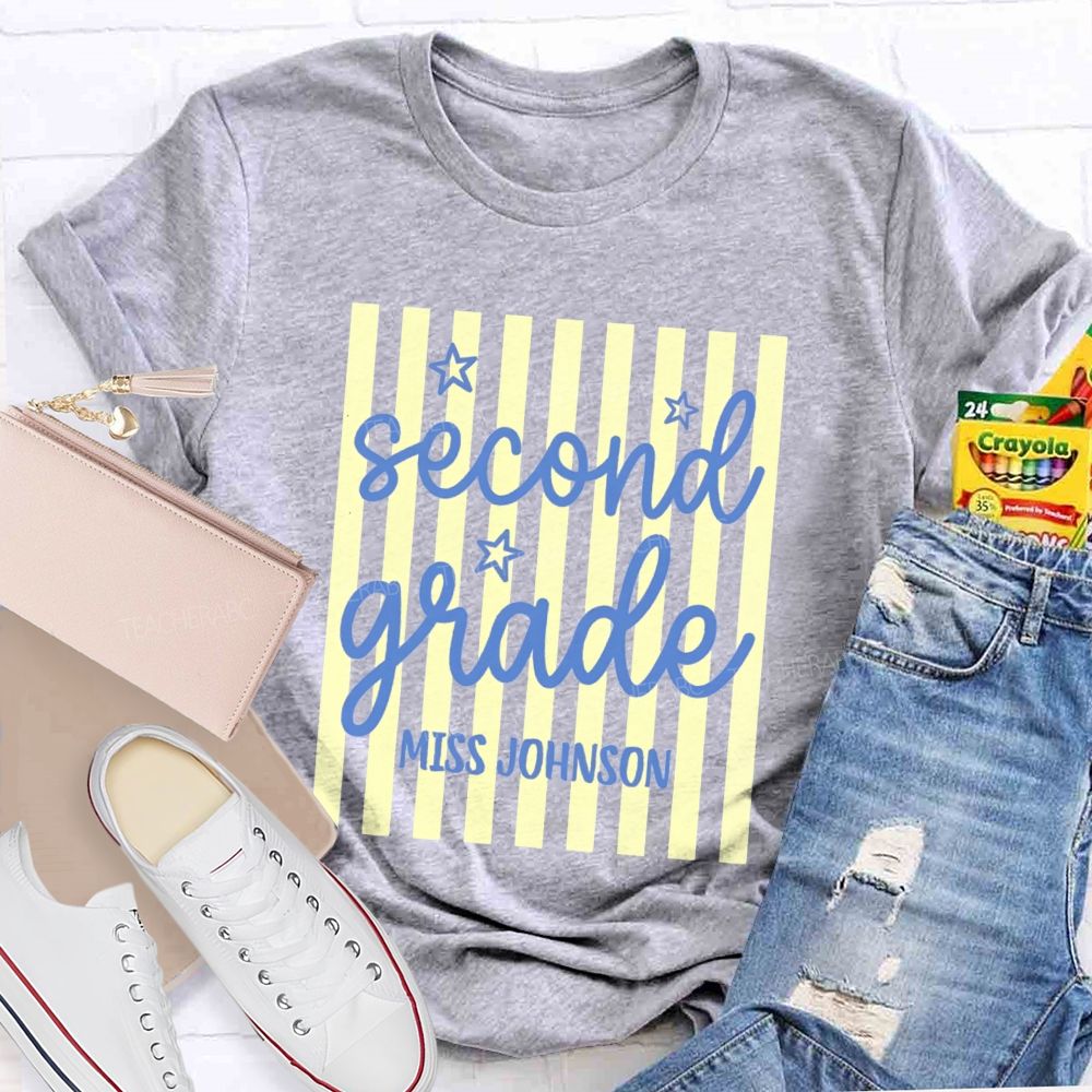 Personalized Grade And Name Little Colorful Strip Teacher T-Shirt