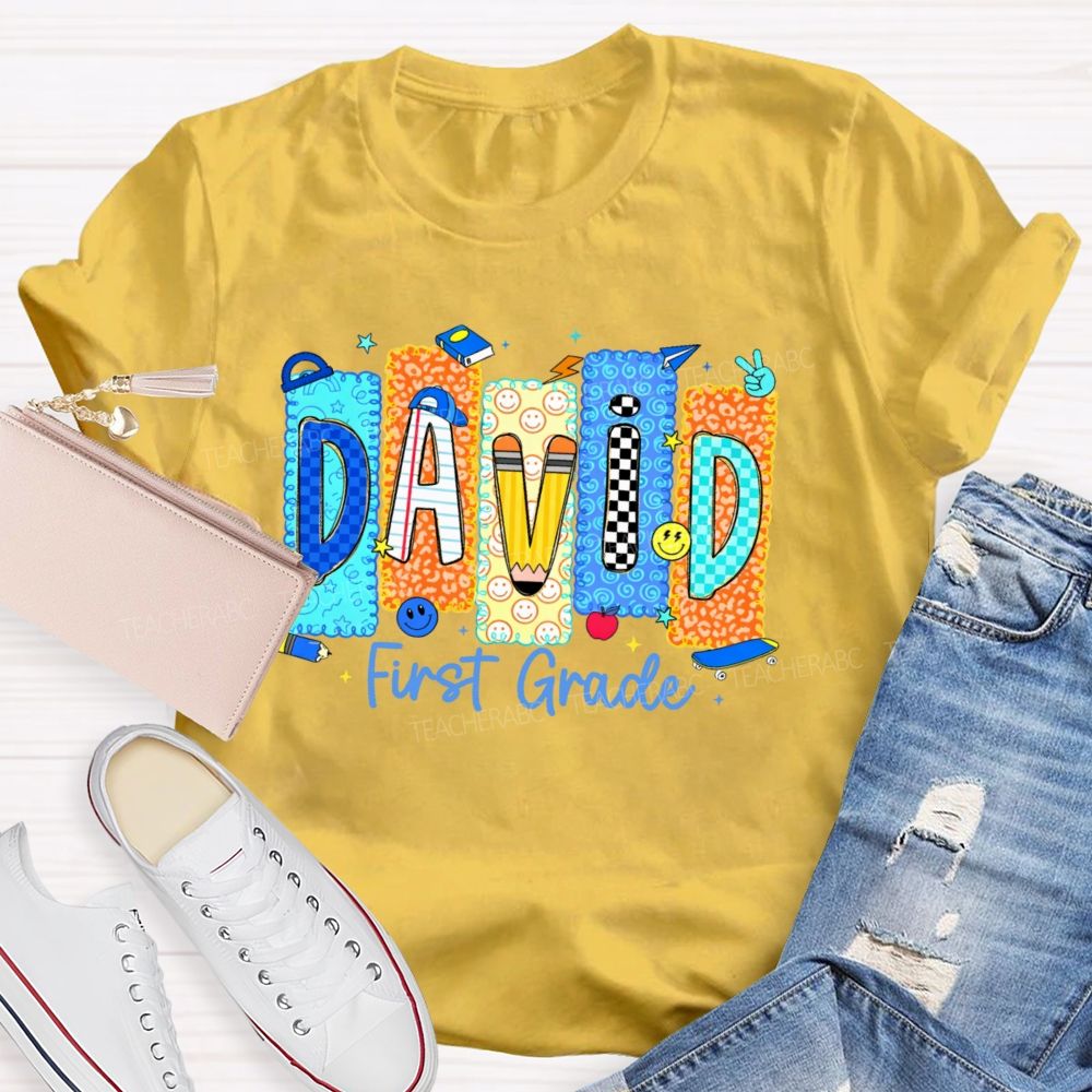 Personalized Name And Grade David First Grade Teacher T-shirt