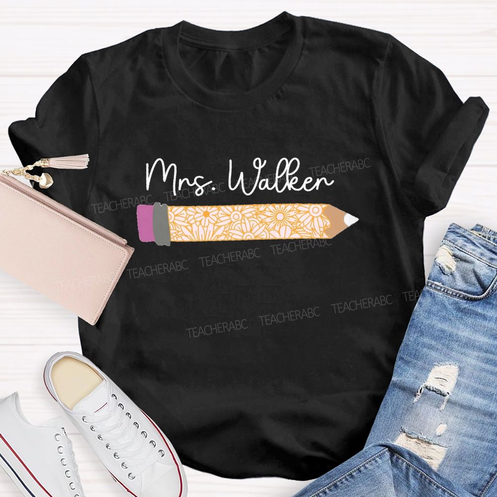 Personalized Name Vintage-Style Floral And Pencil Print Teacher T-Shirt
