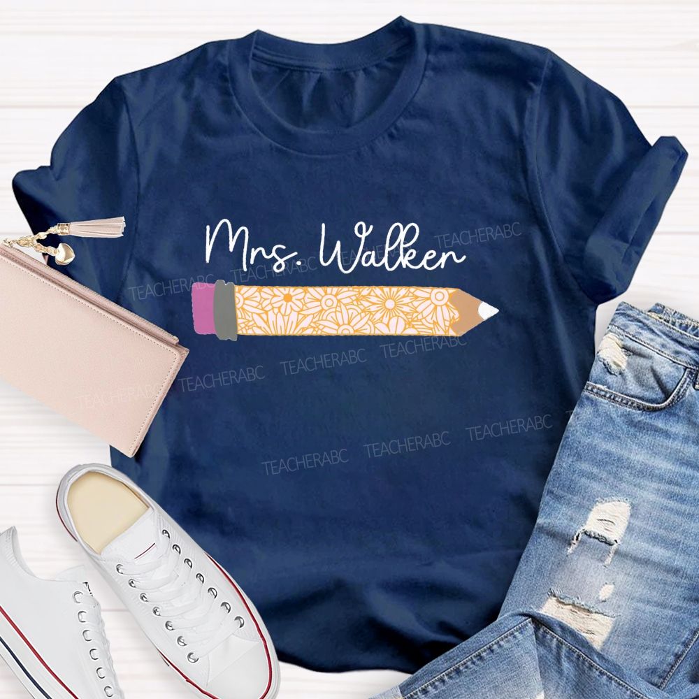 Personalized Name Vintage-Style Floral And Pencil Print Teacher T-Shirt