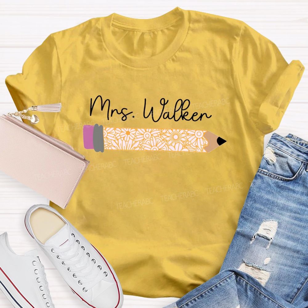 Personalized Name Vintage-Style Floral And Pencil Print Teacher T-Shirt