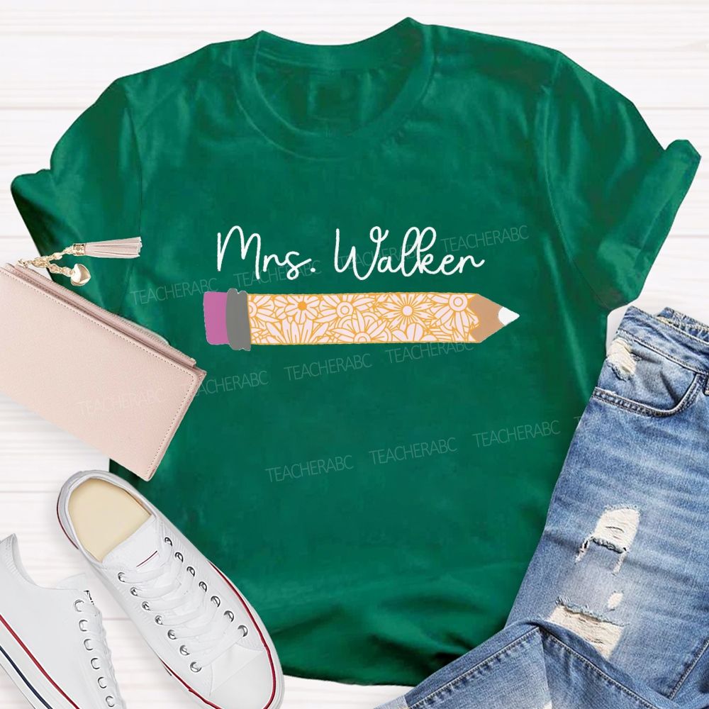 Personalized Name Vintage-Style Floral And Pencil Print Teacher T-Shirt