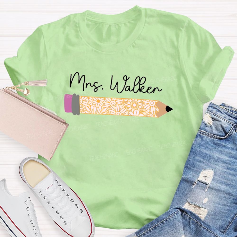 Personalized Name Vintage-Style Floral And Pencil Print Teacher T-Shirt