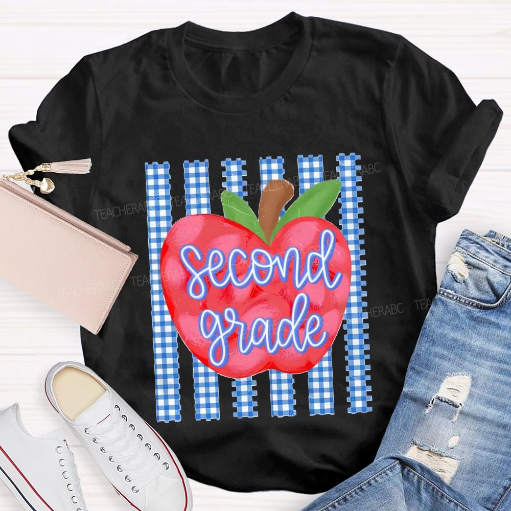 Personalized Grade Fresh Blue Plaid Apple Teacher T-Shirt