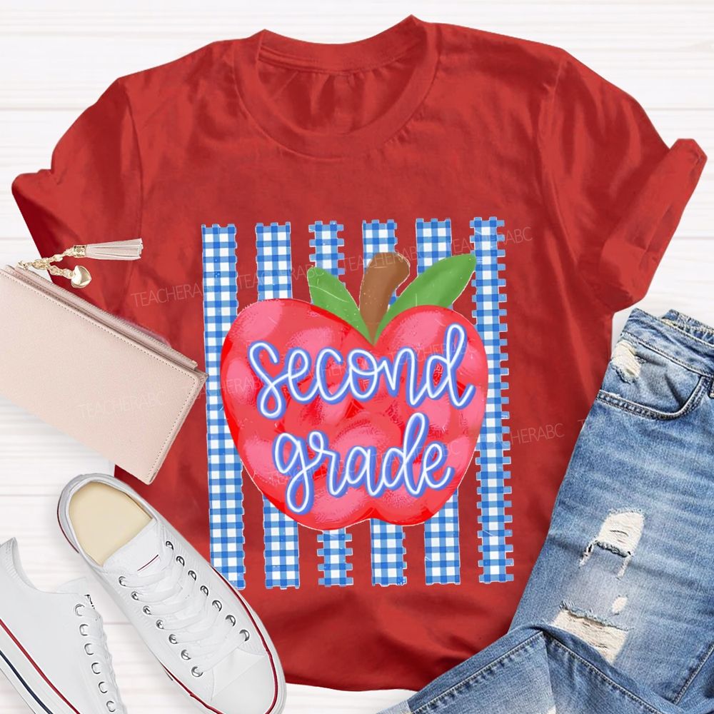Personalized Grade Fresh Blue Plaid Apple Teacher T-Shirt