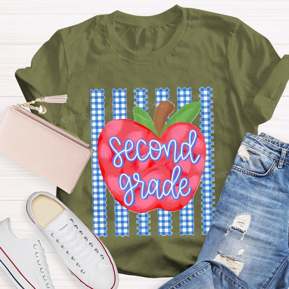 Personalized Grade Fresh Blue Plaid Apple Teacher T-Shirt