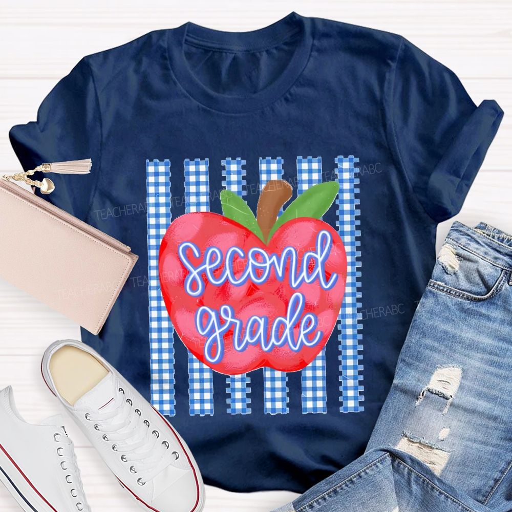 Personalized Grade Fresh Blue Plaid Apple Teacher T-Shirt