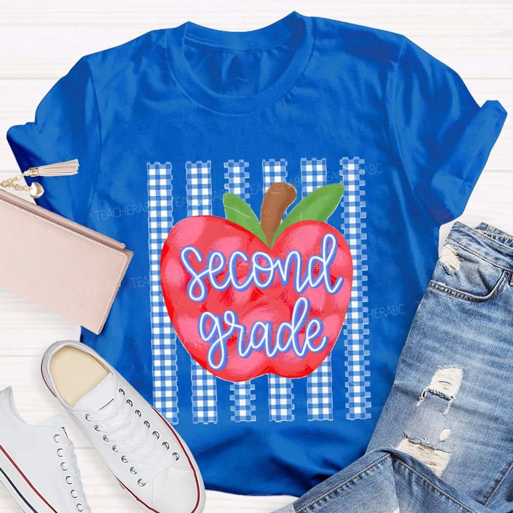 Personalized Grade Fresh Blue Plaid Apple Teacher T-Shirt