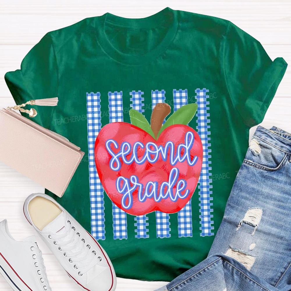 Personalized Grade Fresh Blue Plaid Apple Teacher T-Shirt