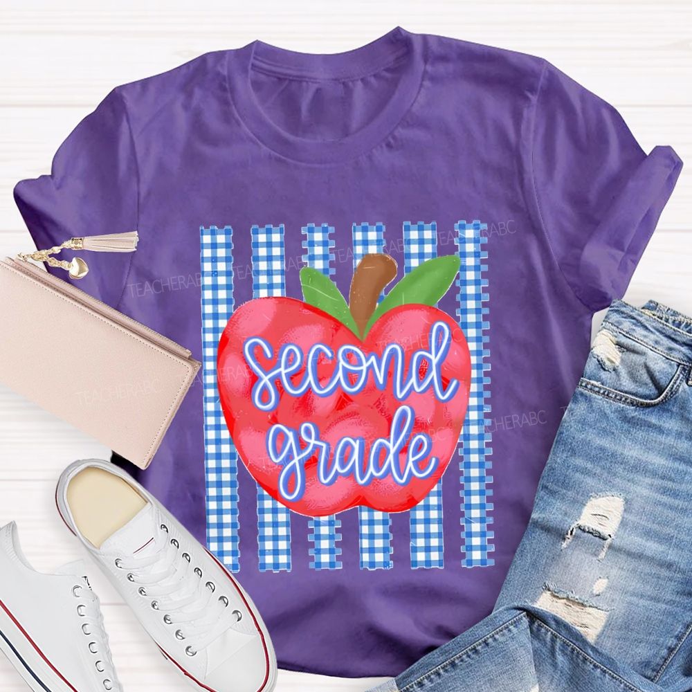 Personalized Grade Fresh Blue Plaid Apple Teacher T-Shirt