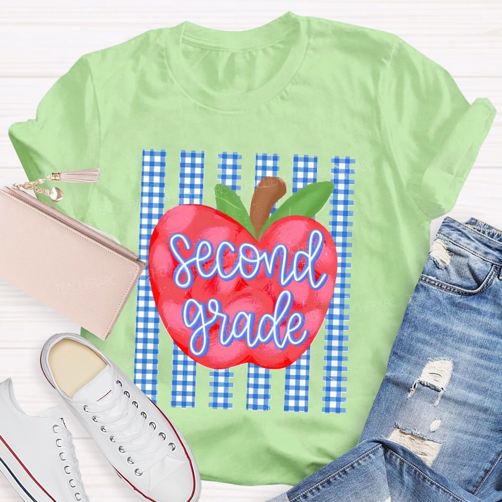 Personalized Grade Fresh Blue Plaid Apple Teacher T-Shirt