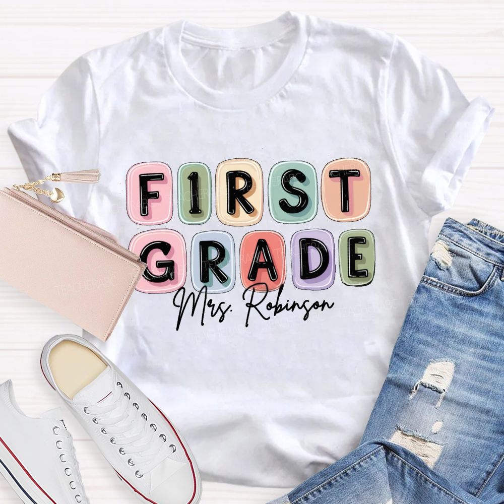 Personalized Grade And Name Jelly-Like Colorful Grid Print Teacher T-Shirt
