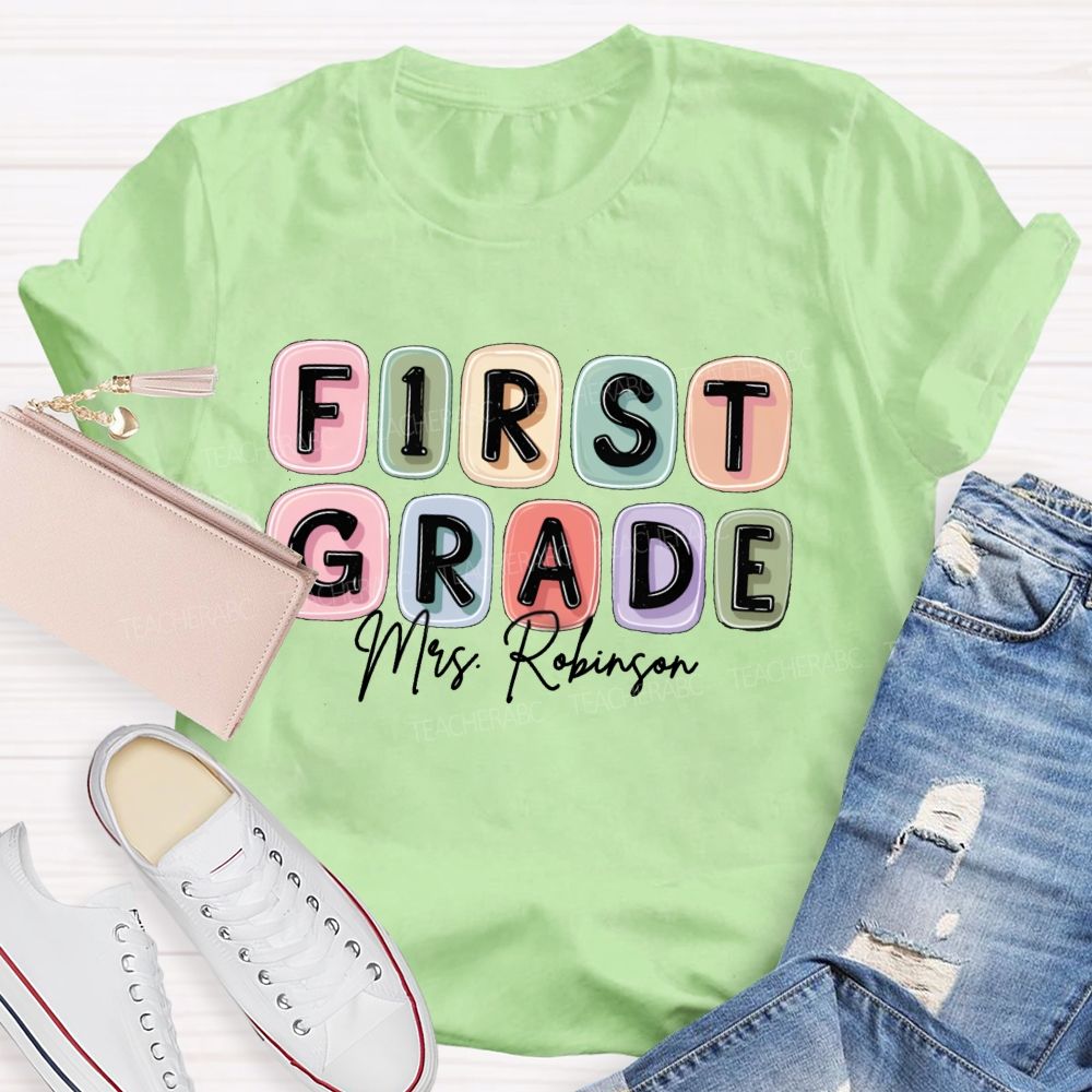 Personalized Grade And Name Jelly-Like Colorful Grid Print Teacher T-Shirt