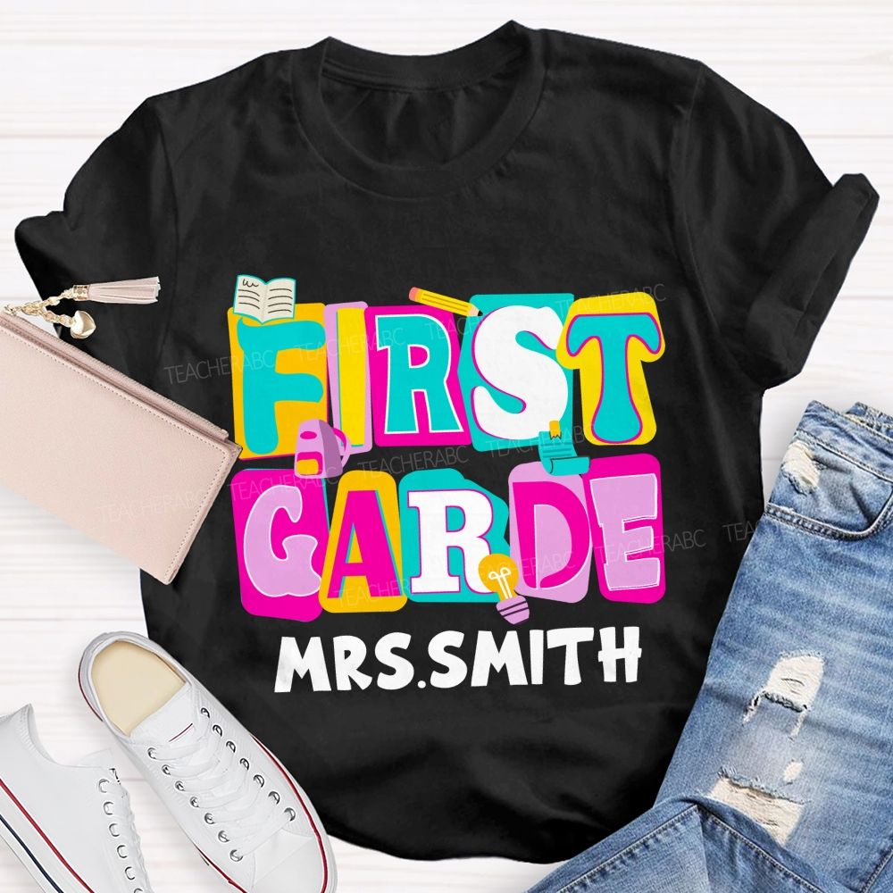 Personalized Grade And Name Colorful Letter Squad Pencil Teacher T-shirt