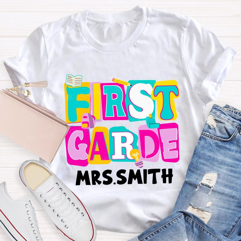 Personalized Grade And Name Colorful Letter Squad Pencil Teacher T-shirt