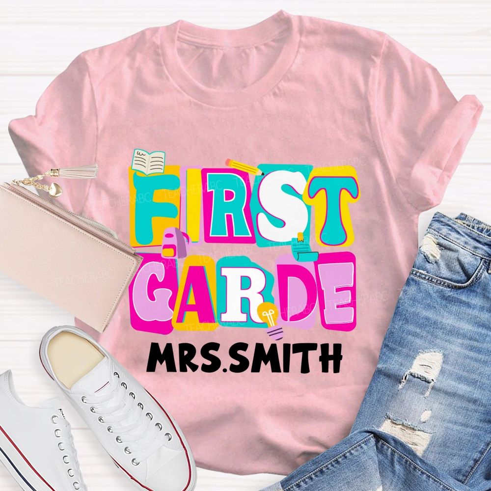 Personalized Grade And Name Colorful Letter Squad Pencil Teacher T-shirt