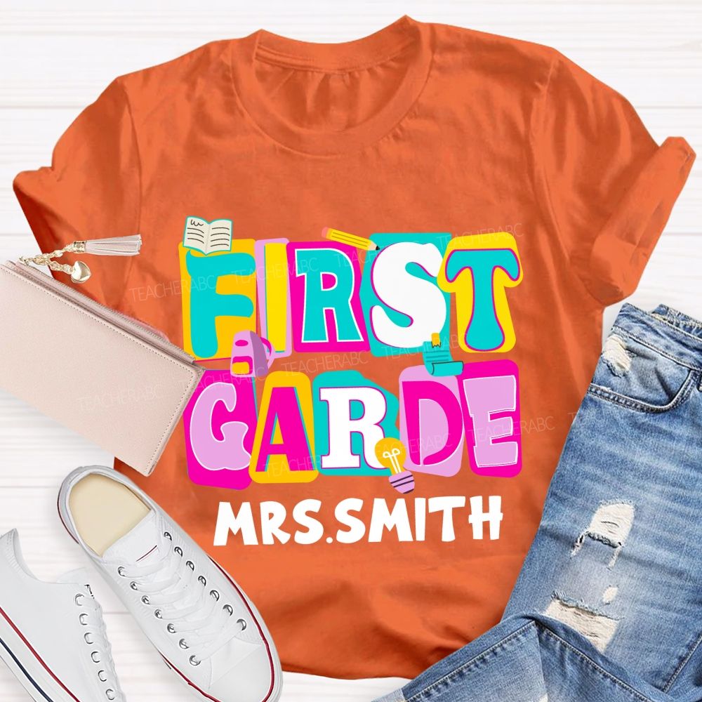 Personalized Grade And Name Colorful Letter Squad Pencil Teacher T-shirt