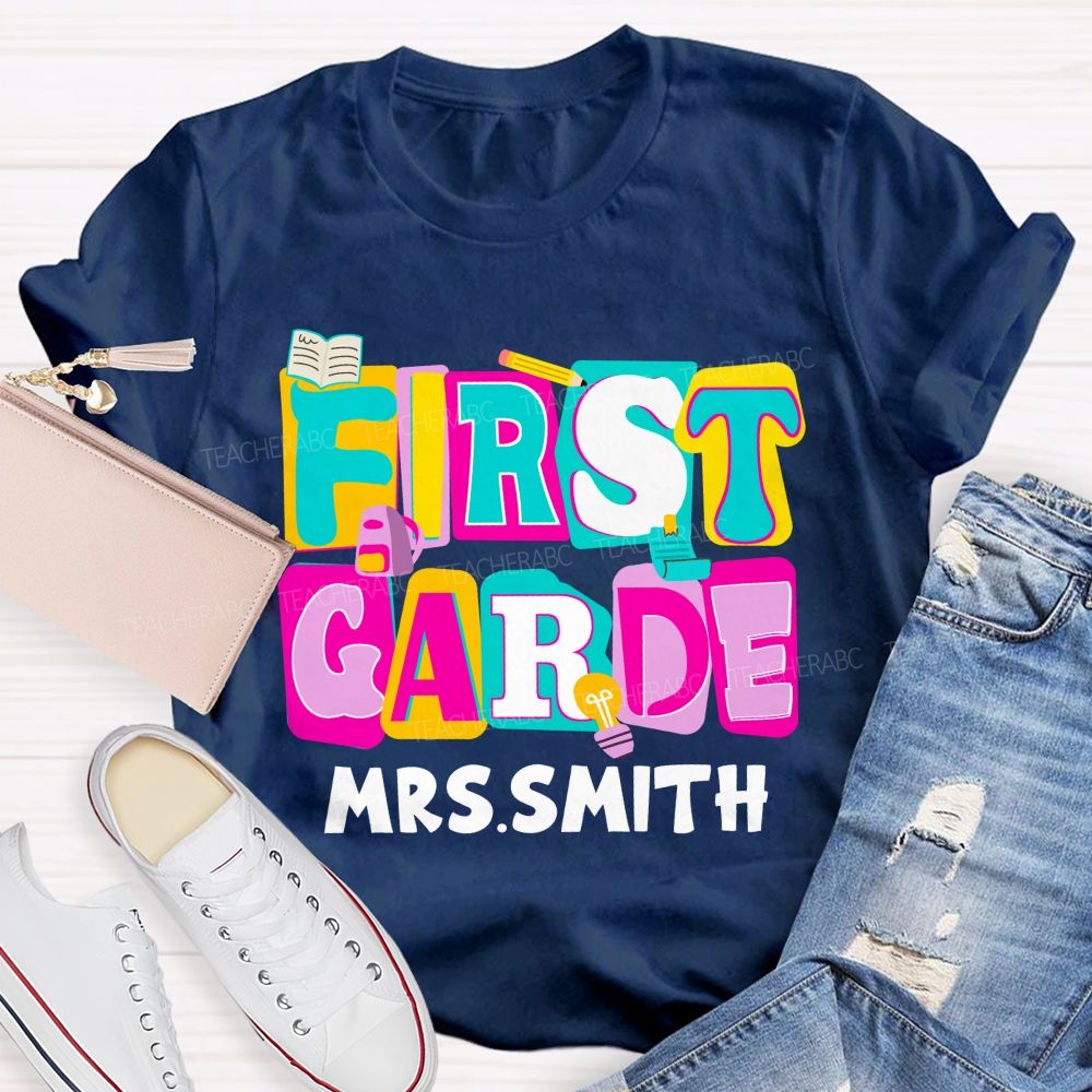 Personalized Grade And Name Colorful Letter Squad Pencil Teacher T-shirt