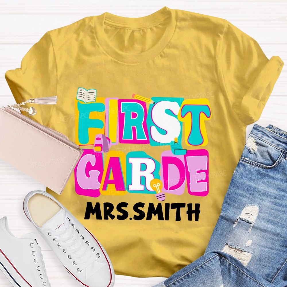 Personalized Grade And Name Colorful Letter Squad Pencil Teacher T-shirt