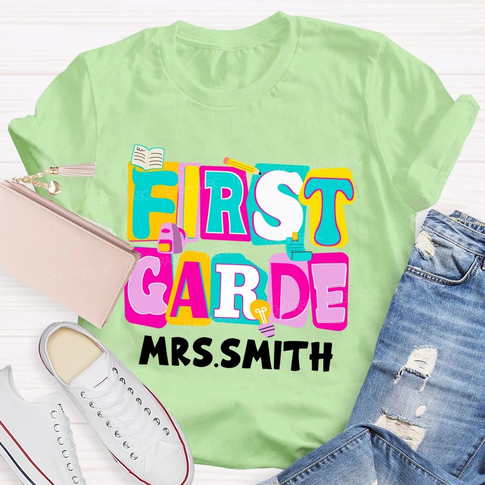 Personalized Grade And Name Colorful Letter Squad Pencil Teacher T-shirt