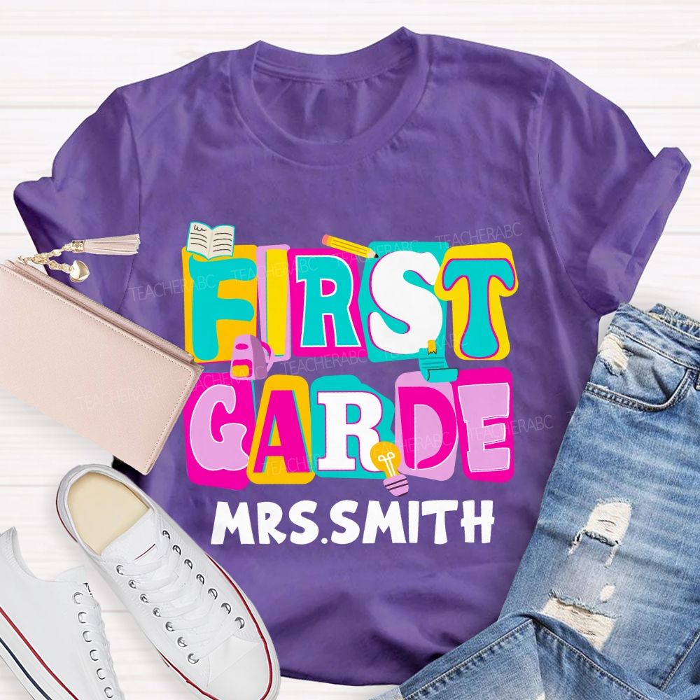 Personalized Grade And Name Colorful Letter Squad Pencil Teacher T-shirt