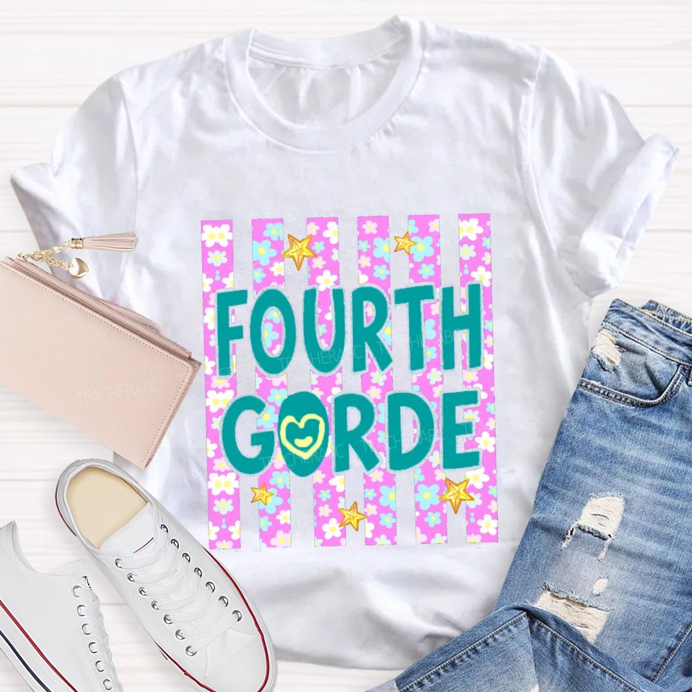 Personalized Grade Star Floral Strip Teacher T-shirt