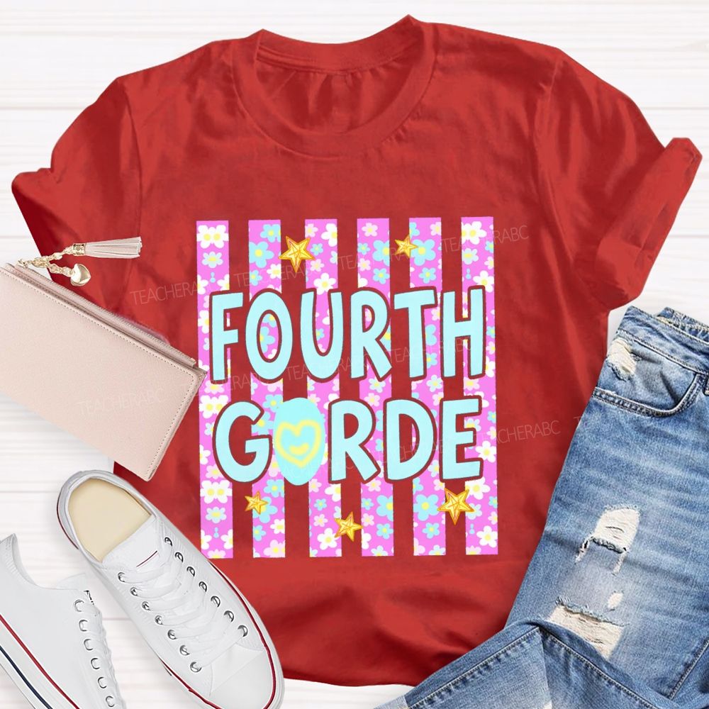Personalized Grade Star Floral Strip Teacher T-shirt
