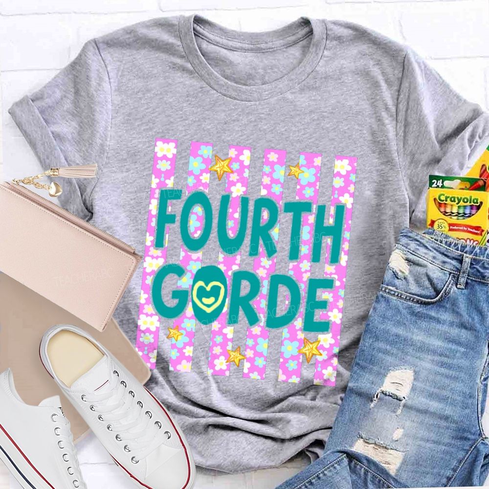 Personalized Grade Star Floral Strip Teacher T-shirt