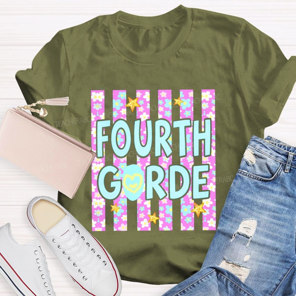 Personalized Grade Star Floral Strip Teacher T-shirt