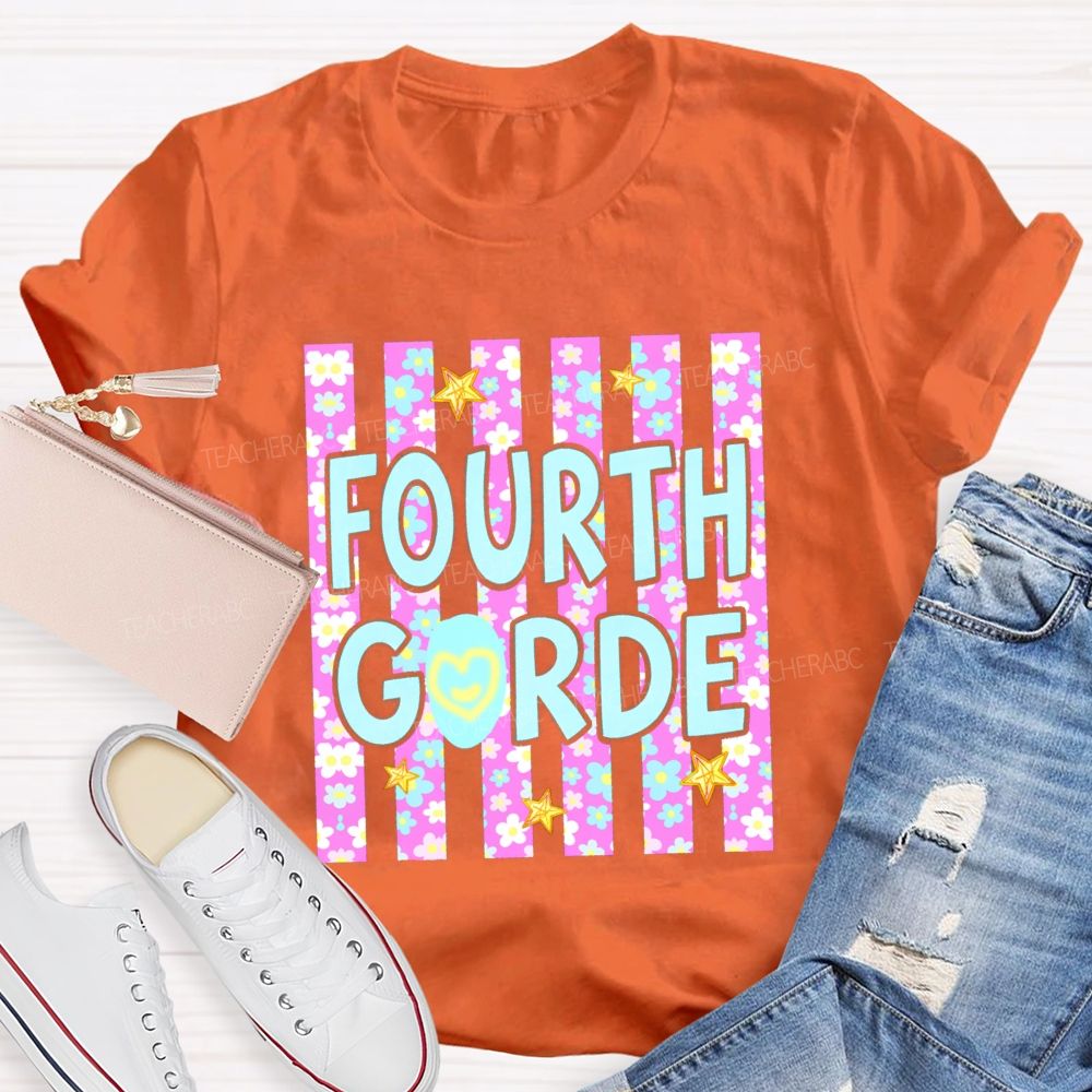 Personalized Grade Star Floral Strip Teacher T-shirt