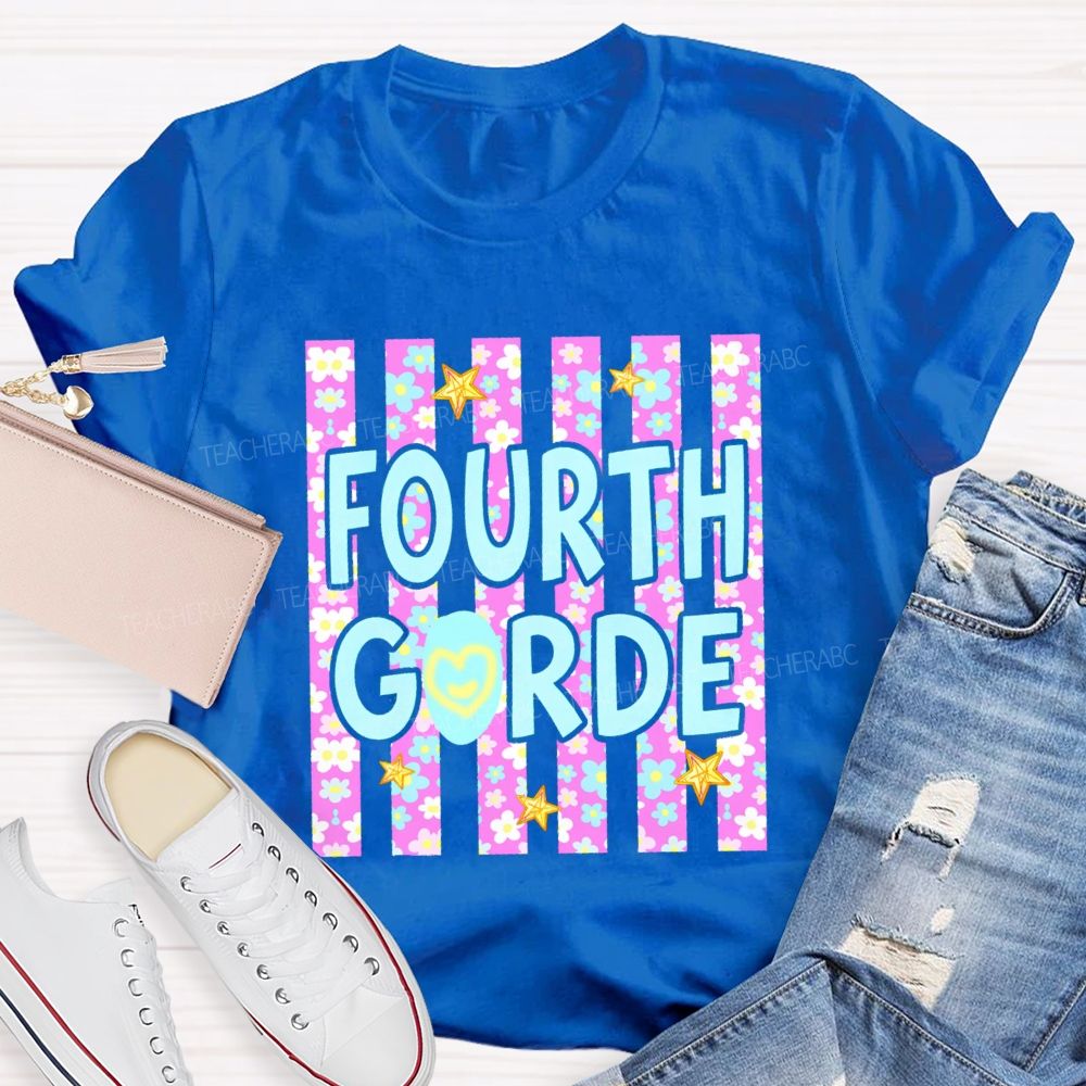 Personalized Grade Star Floral Strip Teacher T-shirt
