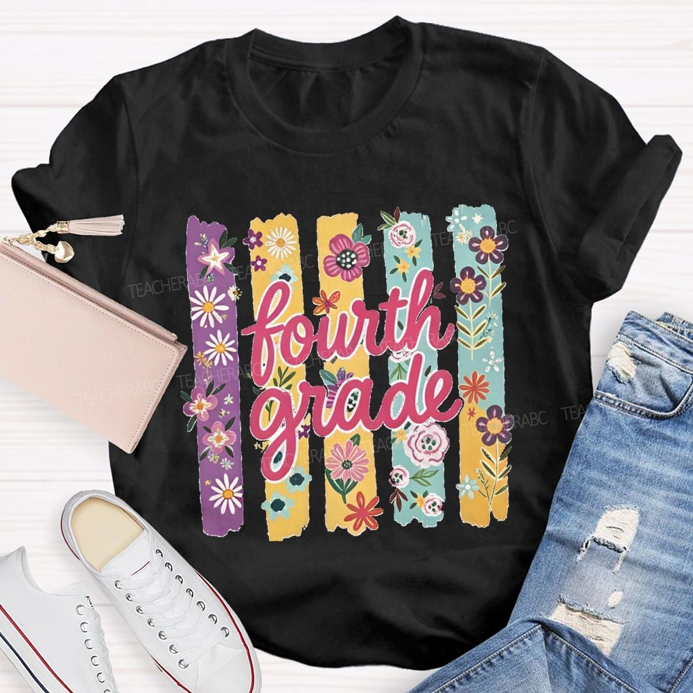 Personalized Grade Colorful Strip Flower Teacher T-shirt