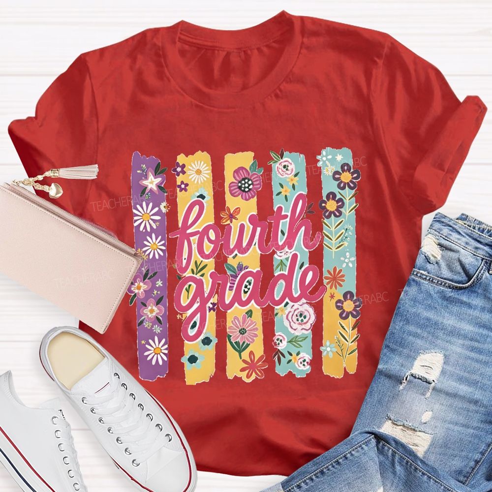 Personalized Grade Colorful Strip Flower Teacher T-shirt