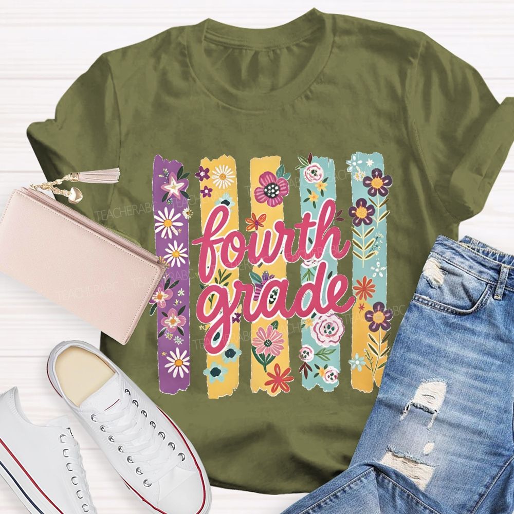 Personalized Grade Colorful Strip Flower Teacher T-shirt