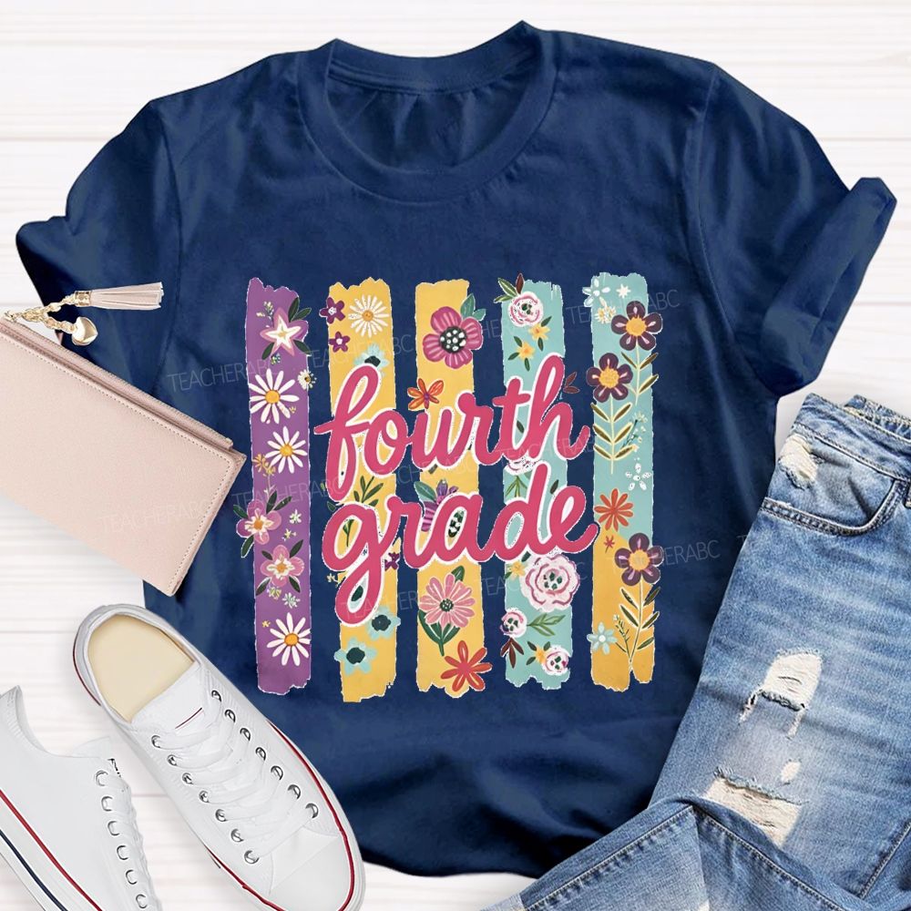 Personalized Grade Colorful Strip Flower Teacher T-shirt