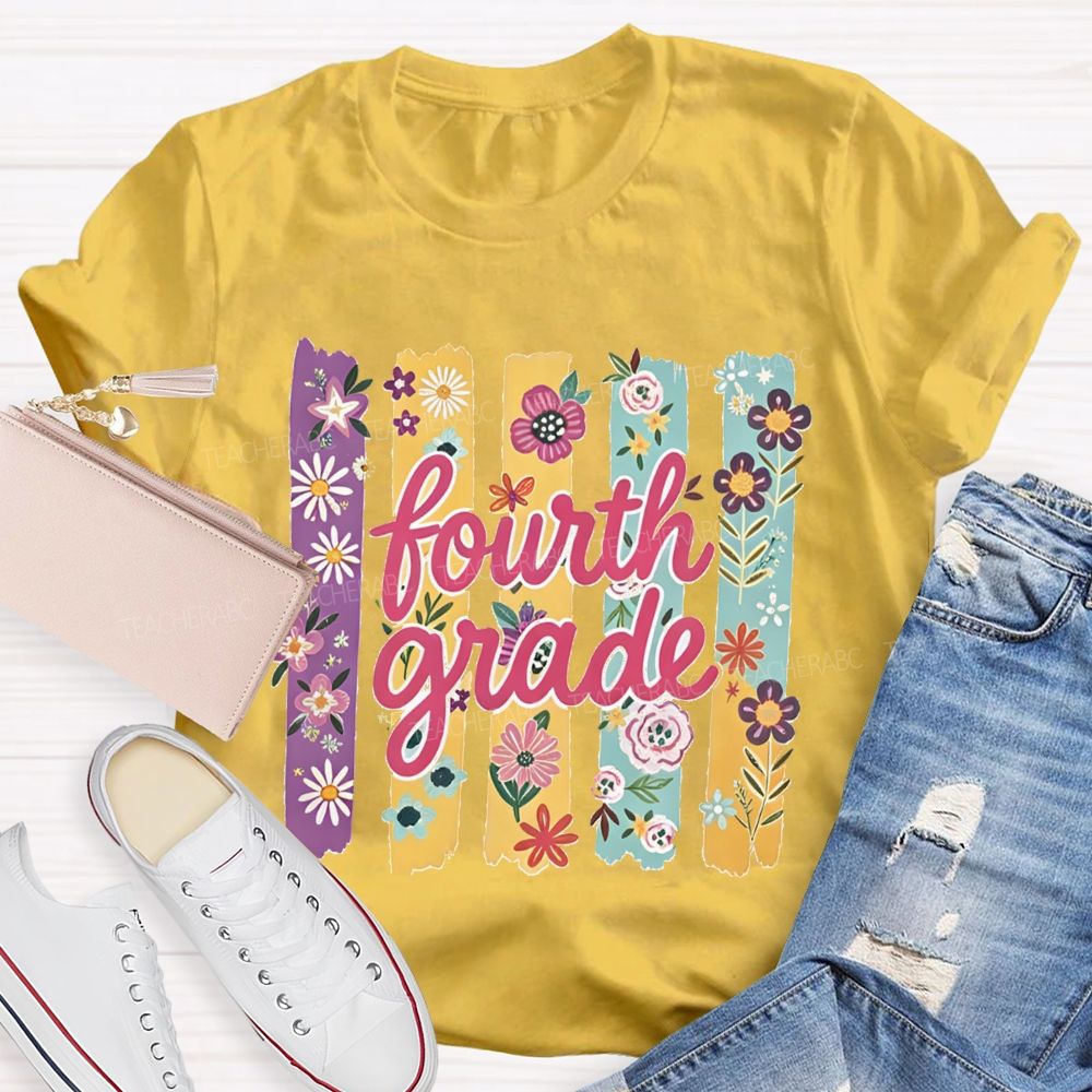 Personalized Grade Colorful Strip Flower Teacher T-shirt