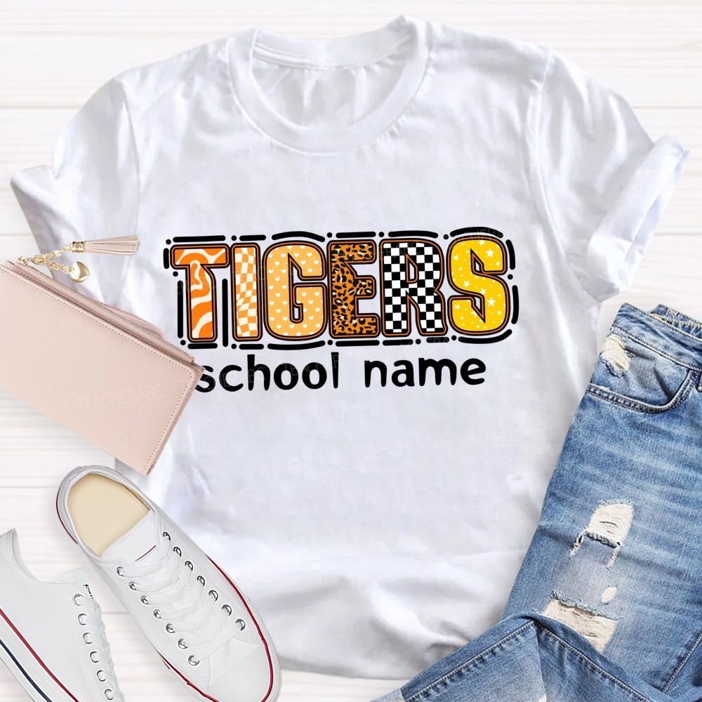 Personalized Mascot and school name Leopard Print Checkerboard And Stars Teacher T-shirt