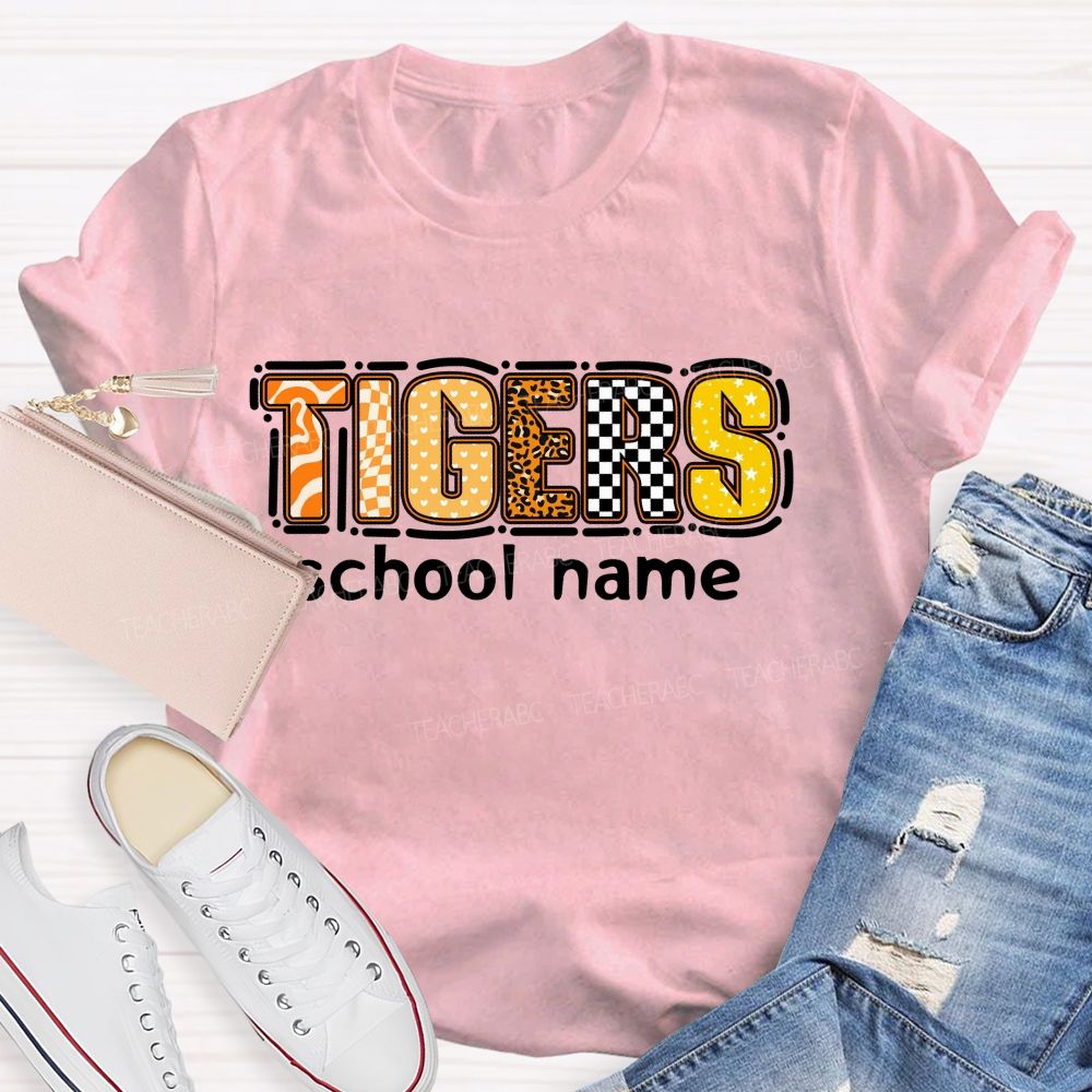 Personalized Mascot and school name Leopard Print Checkerboard And Stars Teacher T-shirt