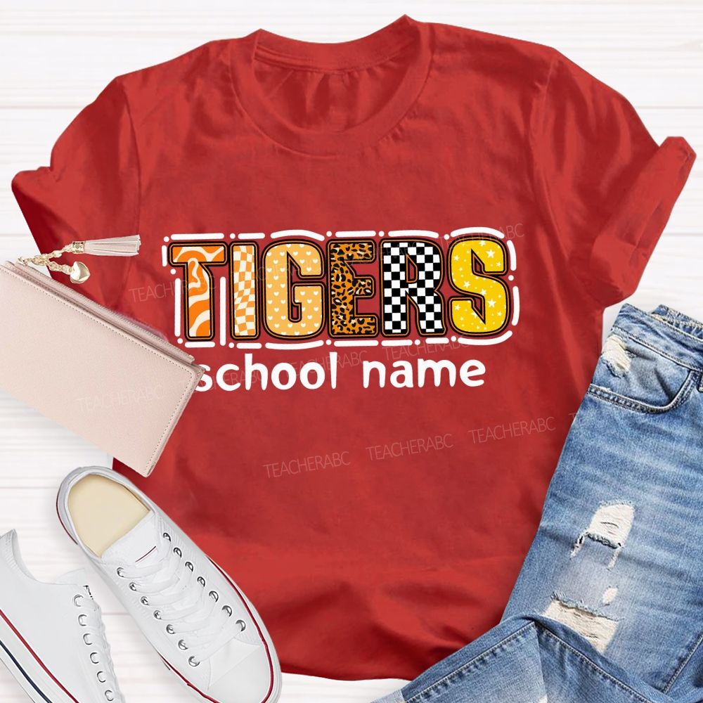 Personalized Mascot and school name Leopard Print Checkerboard And Stars Teacher T-shirt