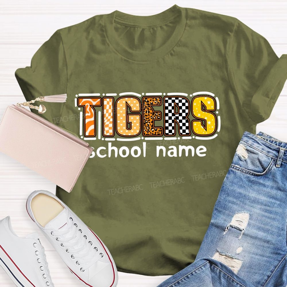 Personalized Mascot and school name Leopard Print Checkerboard And Stars Teacher T-shirt