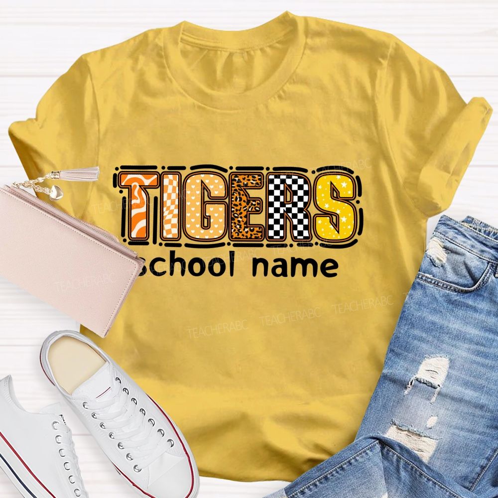 Personalized Mascot and school name Leopard Print Checkerboard And Stars Teacher T-shirt