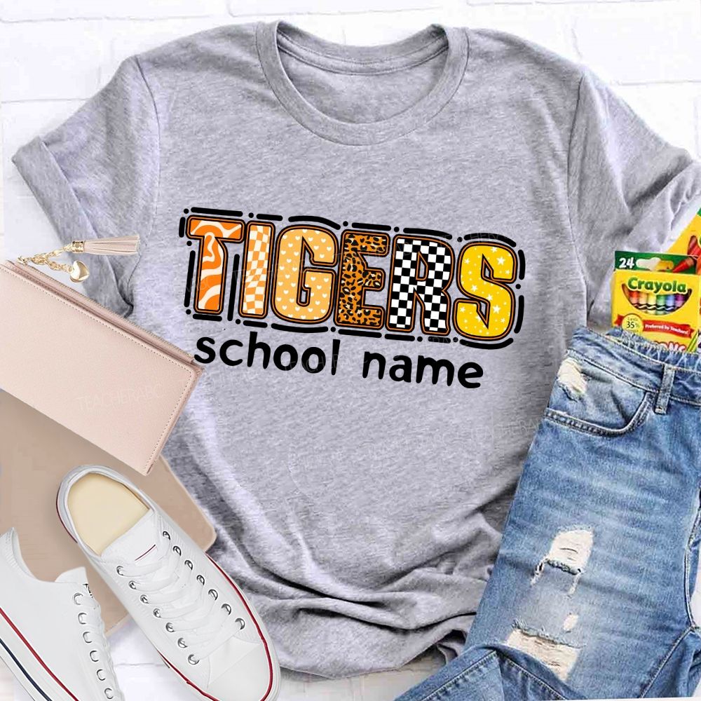 Personalized Mascot and school name Leopard Print Checkerboard And Stars Teacher T-shirt