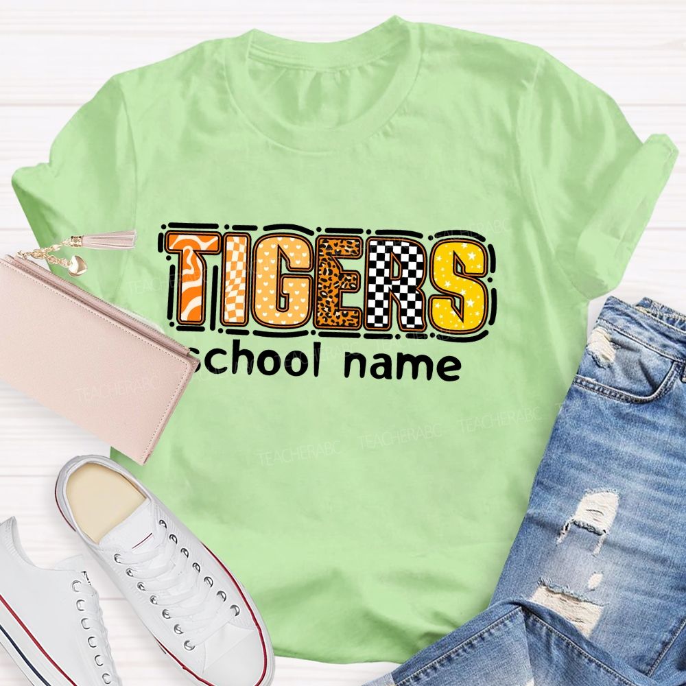 Personalized Mascot and school name Leopard Print Checkerboard And Stars Teacher T-shirt